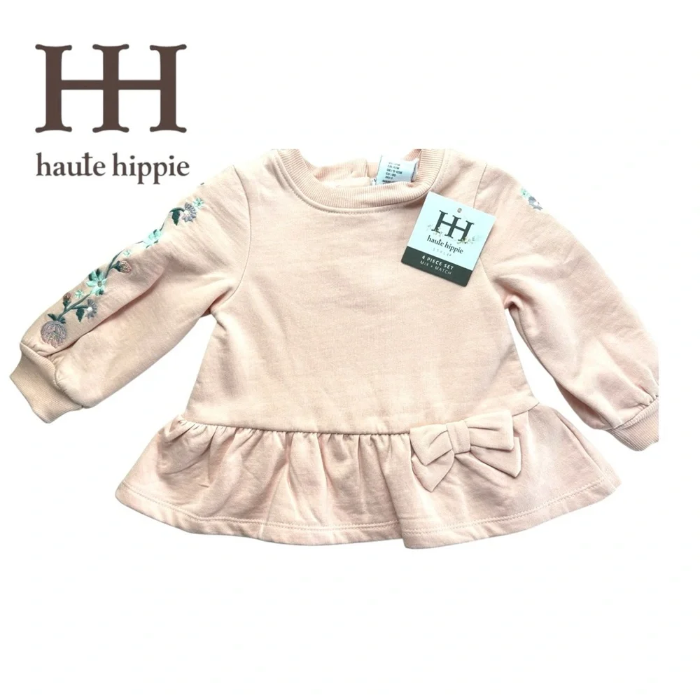 Haute Hippie Baby Girl 4Pc Outfit Set Floral Top Pants Pink Blue 12M New